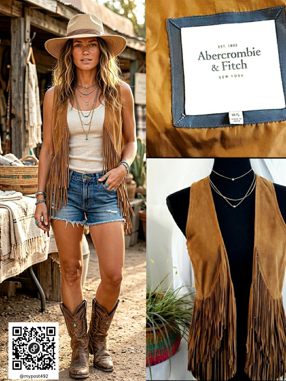 Abercrombie & Fitch🌾Boho Tan Suede Fringe Vest| Vintage Open Style